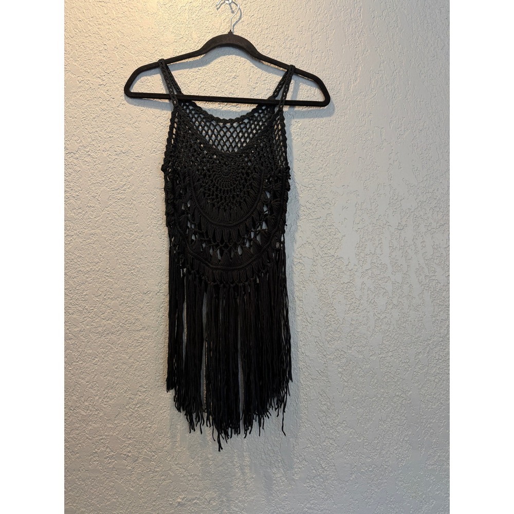 Black Crochet Macrame Fringe Top Boho Festival Sleeveless Tank Coverup Medium